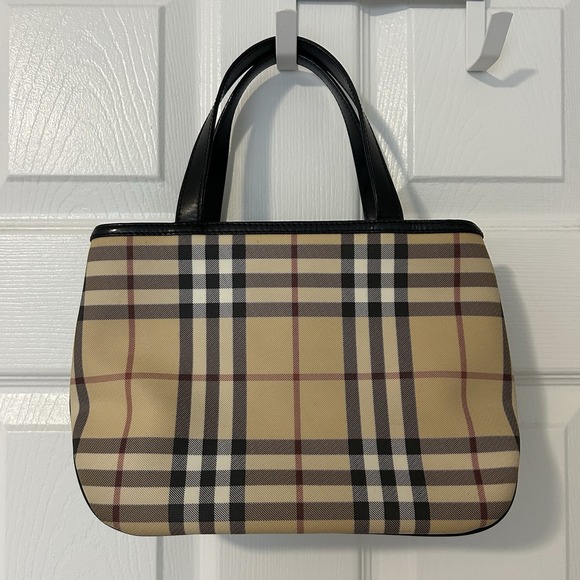 Burberry Vintage Tan Canvas Leather Nova Check Small Tote Bag